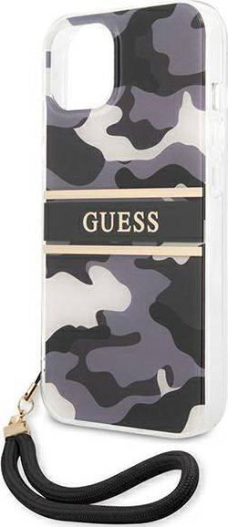 Mbulesë telefoni Guess Camo Strap për iPhone 13 Mini 5.4", me rrip dore, kamuflazh e zezë