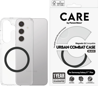 Mbështjellës telefoni CARE by PanzerGlass Urban Combat, polikarbonat dhe TPU, transparent me detaje të zeza