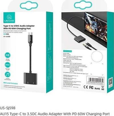 Adapter audio USAMS AU15, Type C në 3.5mm, PD 60W, i zi
