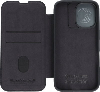 Futrollë Nillkin Qin Leather për iPhone 16 Pro Max, me kapak, me mbrojtje kamere, e zezë