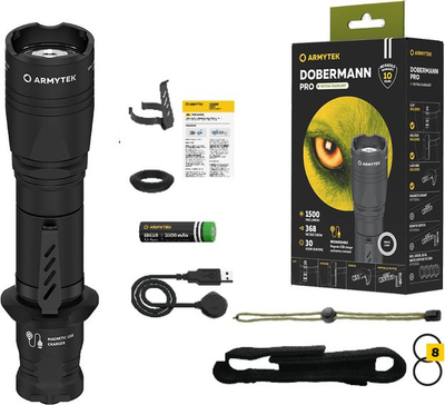 Elektrik dore Armytek Dobermann Pro Magnet USB, 1500 lumen, karikim magnetik me USB, i zi
