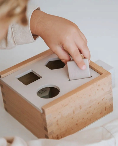 Lodër edukative druri Label Label Shape Sorting Box, puzzle forme, shumëngjyrëshe