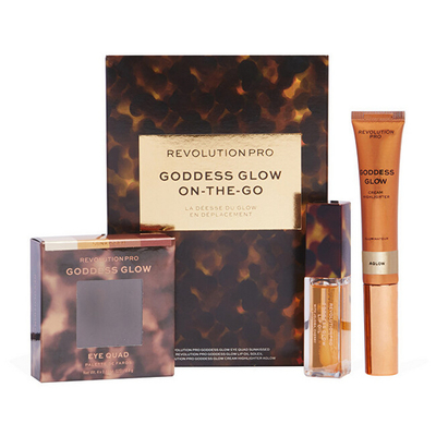 Set grimi Revolution PRO Goddess Glow-On-The-Go, Paletë hijesh 4 x 0,8 g + Krem ndriçues 15 ml + Vaj për buzë 18 ml