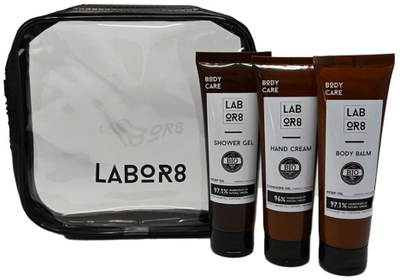 Set për kujdesin e trupit LABOR8 Hemp, krem duarsh, balsam trupi, xhel dushi, 3 x 75 ml