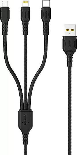 Kabllo USB Denmen 29360, USB A në USB C microUSB Lightning, 1 m, e zezë