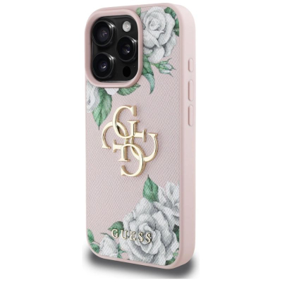 Футрола за телефон Guess Grained Roses Big 4G Logo за iPhone 16 Pro Max, со логотип 4G, розова