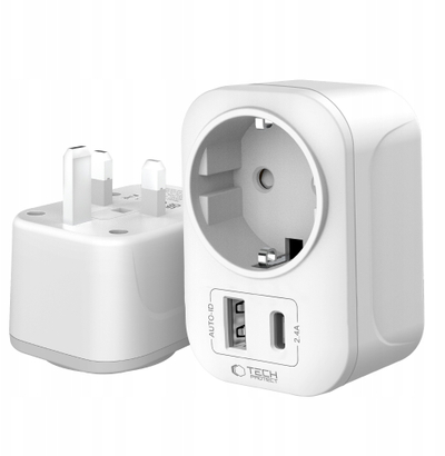 Адаптер за патување Tech-Protect TA100, од Обединето Кралство во ЕУ, 2 USB порти, бел