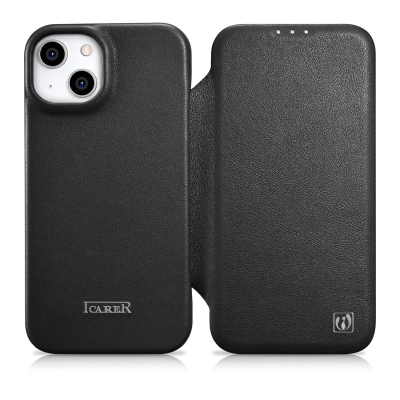 Kuti lëkure iCarer CE Premium për iPhone 14 Plus, folio me kapak magnetik, MagSafe, e zezë