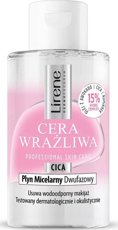Ujë micelar dyfazësh Lirene Sensitive Skin, për lëkurë të ndjeshme, heq makeup waterproof, 125 ml