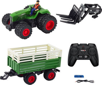 Lodër traktor agrikulturor me telekomandë RC, shkalla 1:24, rrota dopio, me rimorkio