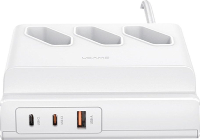 Zgjatës energjie Usams CC160, 3x prizë EU, 65W USB, i bardhë