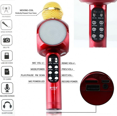 Mikrofon karaoke Goodbuy LED 360, 5W, Bluetooth, i kuq