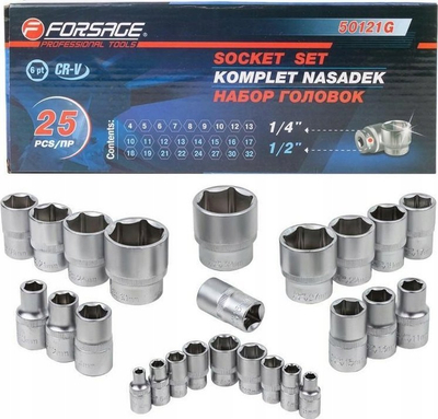 Set çelsash dhe soketash Forsage F-50121G, 1/4" dhe 1/2", 25 copa