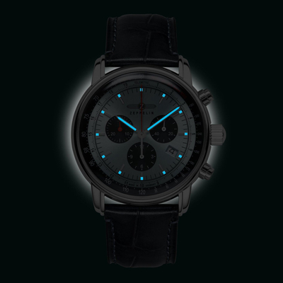 Ore burrash Zeppelin LZ14 Marine Z88862, kronograf quartz, rrip lëkure, numërator blu ice
