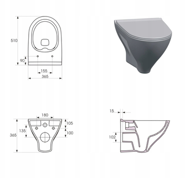Set WC pezull Cersanit C60 System 40 MZ316, gucë CleanOn me ulëse SLIM soft close, buton mekanik i zi mat