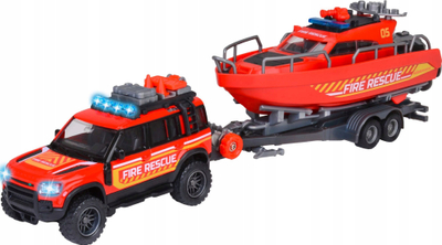 Set lodrash Majorette Land Rover Fire Rescue, varkë me rimorkio, me dritë edhe zë, i kuq