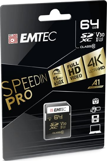 Kartë memorie Emtec Speedin Pro SDXC, 64GB, Class 10 V30, e zezë