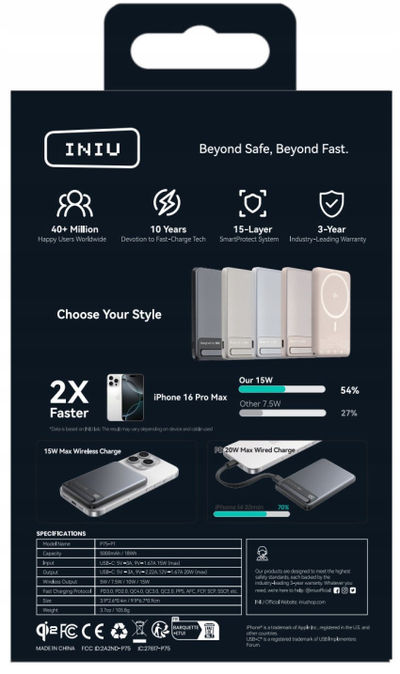 Power bank Iniu MagPro Ultra Slim, 5000mAh, 20W USB C PD me Qi2 dhe MagSafe, i zi