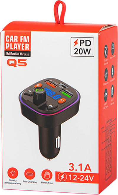 Transmetues FM Bluetooth për makinë, QC 3.0 PD 20W, 2x USB, i zi