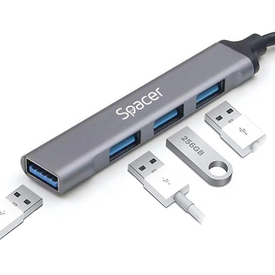 Hub i jashtëm USB Spacer, 1x USB 3.0 edhe 3x USB 2.0, lidhje Type C, kabllo 1m, trup alumini