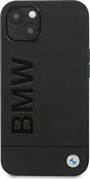 Futrollë BMW Leather Case për iPhone 13, lëkurë, logogram metalik, e zezë