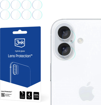 Mbrojtës kamere 3MK Lens Protect për iPhone 16, xham hibrid, set 4 copë, transparent