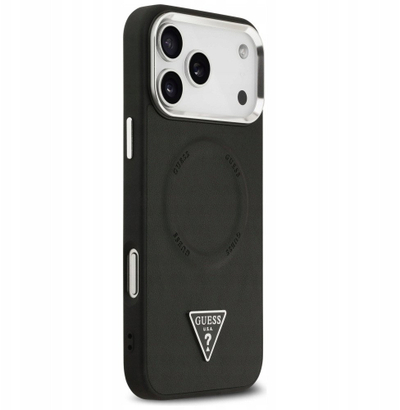 Mbulesë telefoni Guess Magsafe PU Leather për iPhone 17 Pro Max, kornizë metalike për kamerë, e zezë