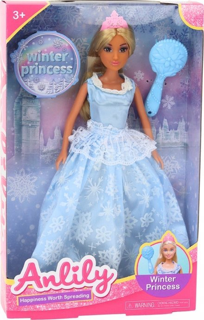 Kukull Anlily Winter Princess, me fustan blu akulli, me furçë flokësh, blu