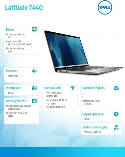 Laptop Dell Latitude 7440, 14", Intel Core i7-1365U, 16GB RAM, 512GB SSD