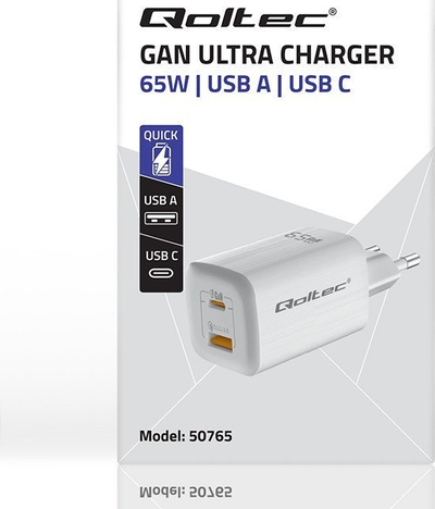 Karikues muri Qoltec GaN Ultra, 65W, USB C PD dhe USB QC 3.0, i bardhë