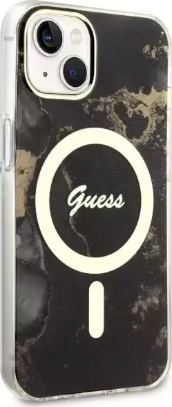 Mbulesë telefoni Guess Golden Marble, për iPhone 14 Plus 6.7", hardcase, MagSafe, e zezë
