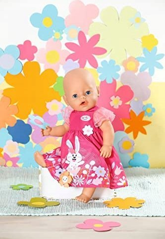 Fustan për kukull Baby Born Dress Flowers, 43cm, me lepurush e lule, rozë shumëngjyrëshe