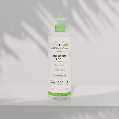 Гел за туширање за бебиња Alphanova Baby 3 во 1, тело и коса, органски, 400 ml