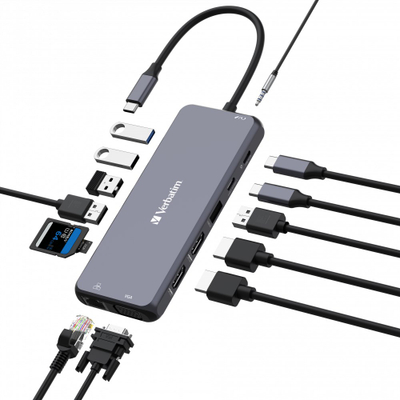 Hub USB C Verbatim CMH 14, 14 porta, 3 ekrane, gri