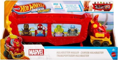 Lodër kamion Hot Wheels RacerVerse Marvel Hulkbuster Hauler, çun transportues për 10 makina, i kuq