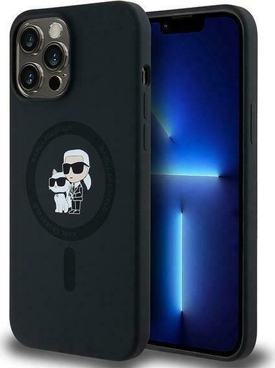 Maskë telefoni Karl Lagerfeld për iPhone 13 Series, silikoni, me figurë dekorative, e zezë