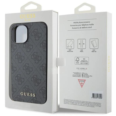 Mbulesë telefoni Guess GUHCP15MG4GFG për iPhone 15 Plus, me logo metalike, gri e errët