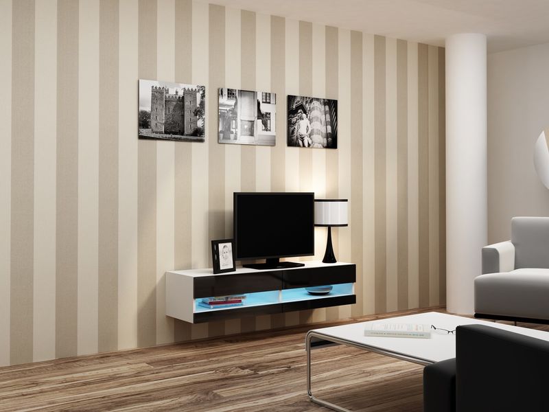 Komodë TV Cama Meble Vigo New, 140x40x30 cm, e bardhë me shkëlqim e zezë