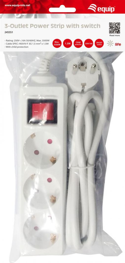 Kabllo vazhdues Equip, 3 priza, 1.5 m, e bardhë (245551)