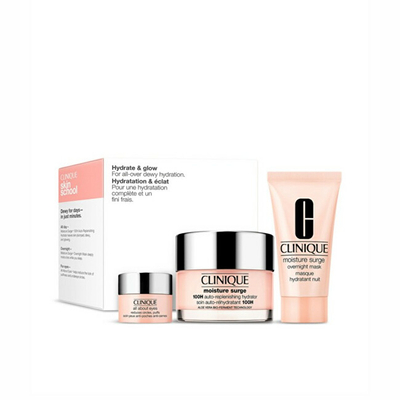 Set për femra Clinique Hydrate & Glow Skincare Gift Set, hidratues 50 ml + maskë fytyre 30 ml + krem për lëkurën rreth syve 5 ml