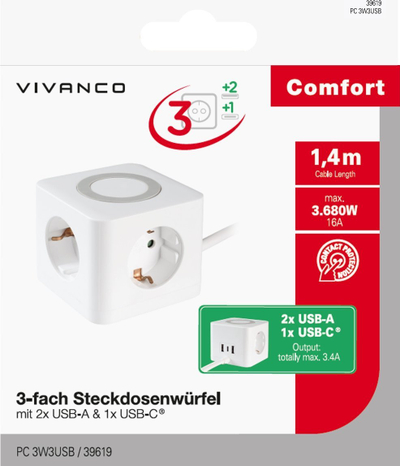 Prizë kockë Vivanco PC 3W3USB, 3x Schuko, 2x USB-A 1x USB-C, 1.4m, e bardhë