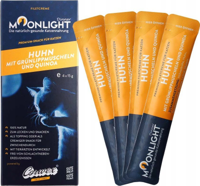 Shpërblim për mace MOONLIGHT Dinner, mish pule me midhje dhe quinoa, 4x15g