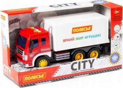 Kamion lodër Polesie City 93141, me inerci, me drita e me zëra, i kuq me të bardhë