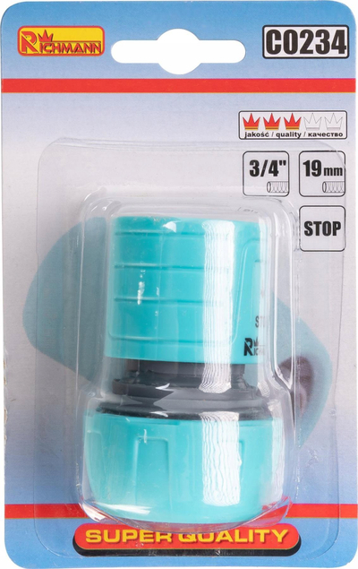 Kуплетор за градина Ричман C0234, 3/4", за црево 19 mm, со стоп, сина боја