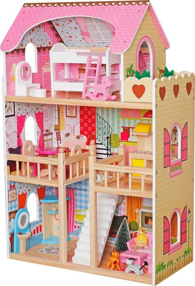 Дрвена куклена куќа Enero Toys Wooden LED Dollhouse XXXL, 60x33x90cm, со LED, шарена
