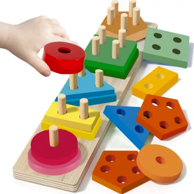 Lodër druri puzzle me renditje, forma gjeometrike, me shumë ngjyra