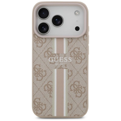 Маска за телефон Guess 4G Printed Stripes MagSafe, за iPhone 17 Pro, еко кожа, беж