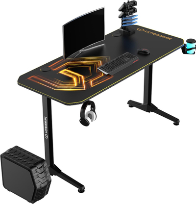 Tavolinë gaming Ultradesk Frag V3, 140×76 cm, mban deri 90 kg, e zezë me ari