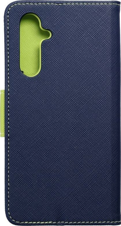 Këllëf portofol Fancy për Samsung Galaxy A54, lëkurë eko, me qëndrim, blu navy me lime