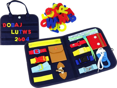 Lodër sensoriale valixhe për kalama, material felt, me puzzle manipulimi, shumëngjyrëshe